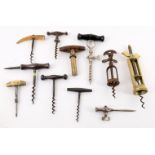 Corkscrews to include an early 20th century brass open cylinder corkscrew