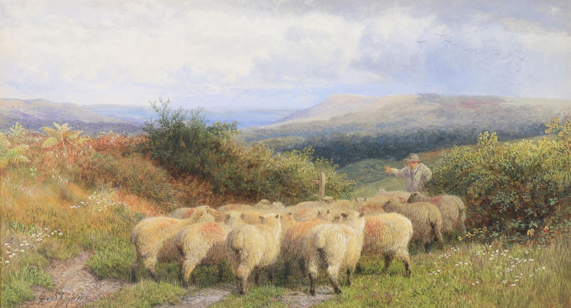 George Shalders (British 1826-1873), Herding a flock of sheep