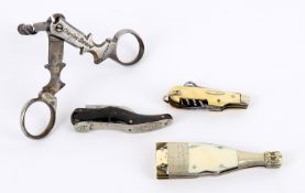 Y Portable corkscrews to include- a 19th century French combination corkscrew of scissor form