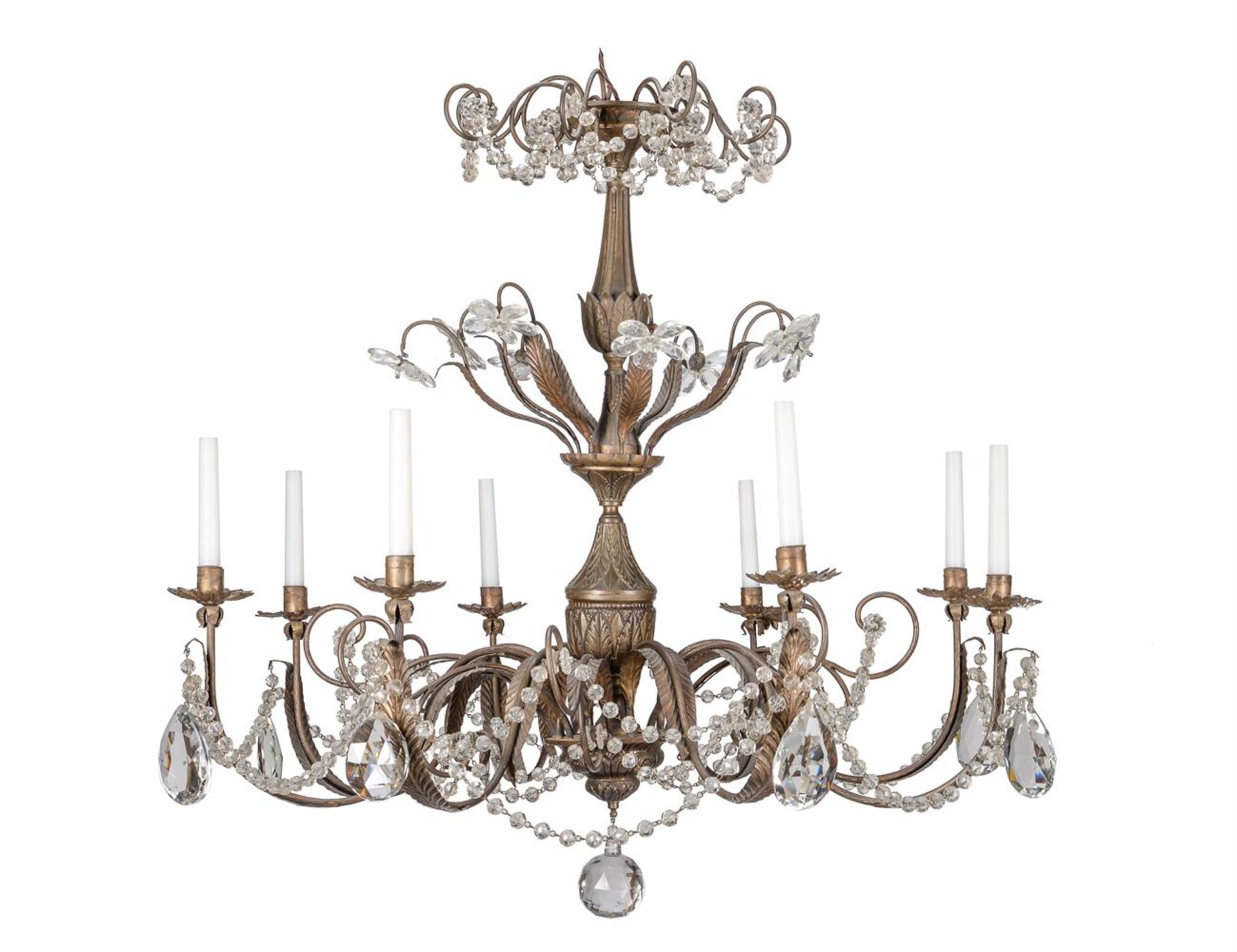 A patinated and glass eight light chandelier