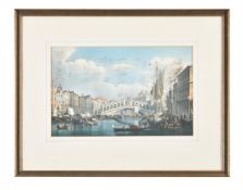 A pair of prints of Venetian views, hand-coloured, depicting the Rialto Bridge and St. Mark's Square