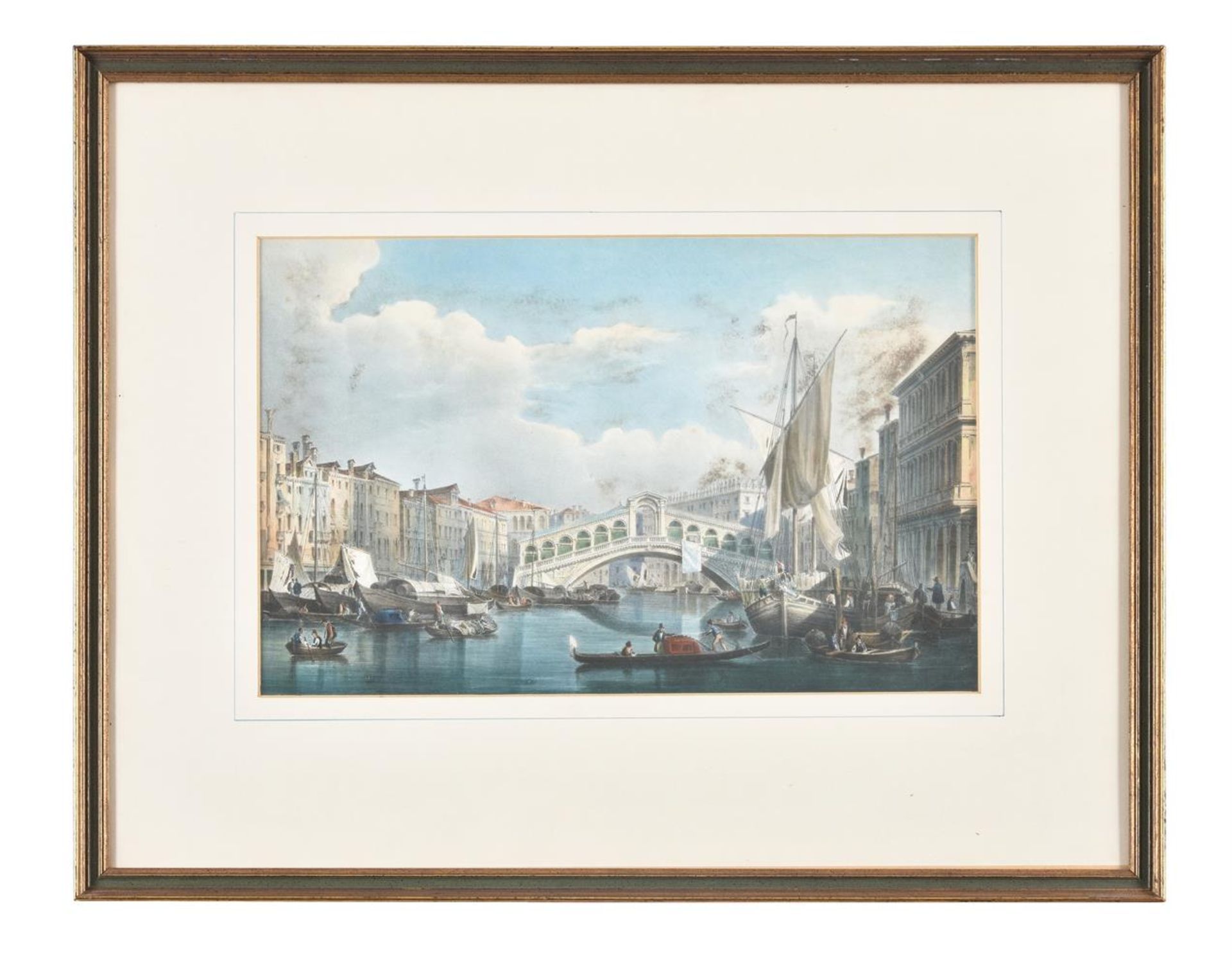 A pair of prints of Venetian views, hand-coloured, depicting the Rialto Bridge and St. Mark's Square