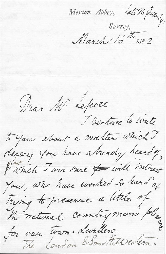 William Morris (1834-1896), a letter signed to John Lefevre about an environmental issue