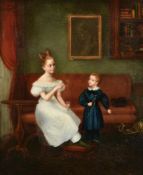 American School (19th century), A boy and girl in an interior blowing bubbles