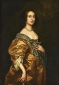 Follower of Sir Peter Lely, Portrait of a lady wearing a gold satin dress with blue wrap