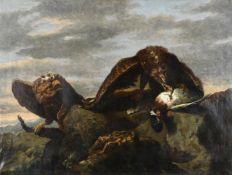 Charles Verlat (Belgian 1824-1890), Two eagles with their kill on a rocky outcrop