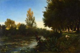 Follower of Charles-Francois Daubigny, Sheep in a river landscape
