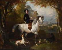 Follower of Alfred de Dreux, Lady riding a white horse with two dogs in a castle landscape