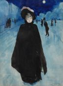 Francois Clement Sommier, called Henry Somm (French 1844-1907), A lady in the street by moonlight
