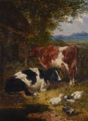 John Frederick Herring the Younger (British 1815-1907), Cows and ducks by a barn