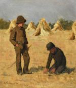 William Thomas Warrener (British 1861-1934), Two boys playing before haystacks