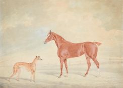Edwin Cooper (British1785-1833), A chestnut hunter and a greyhound in a landscape