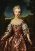 Manner of Nicolas de Largillière, Portrait of a woman wearing pink dress in a landscape