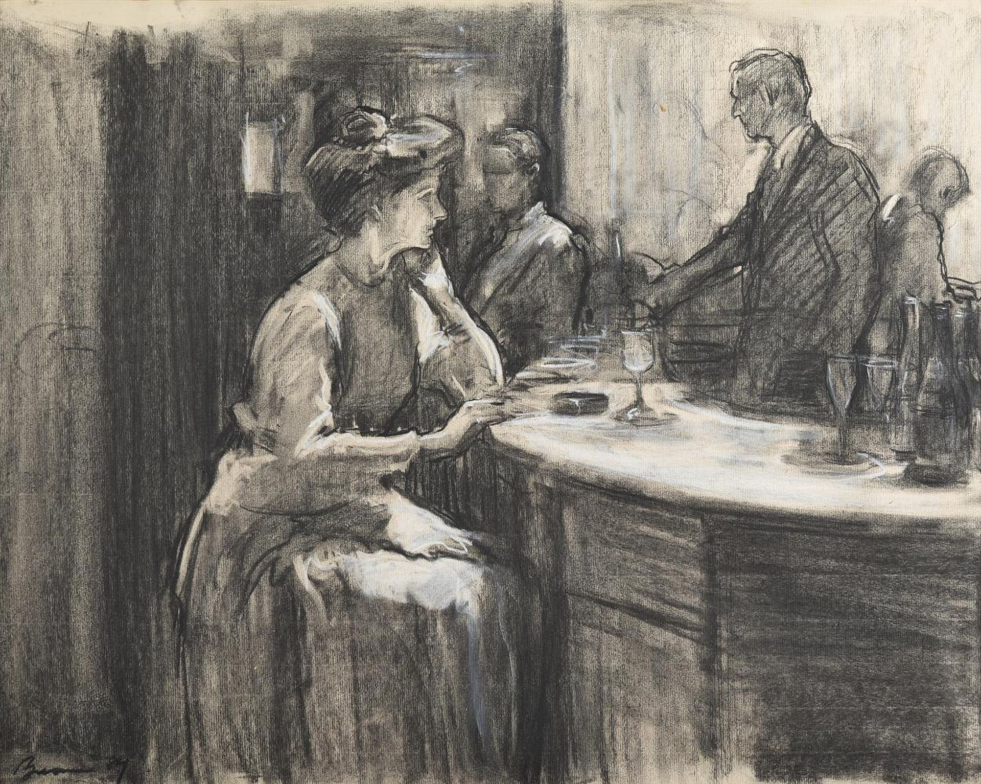 λ Antony Bream (British b. 1943), Lady at the bar, Green's Restaurant