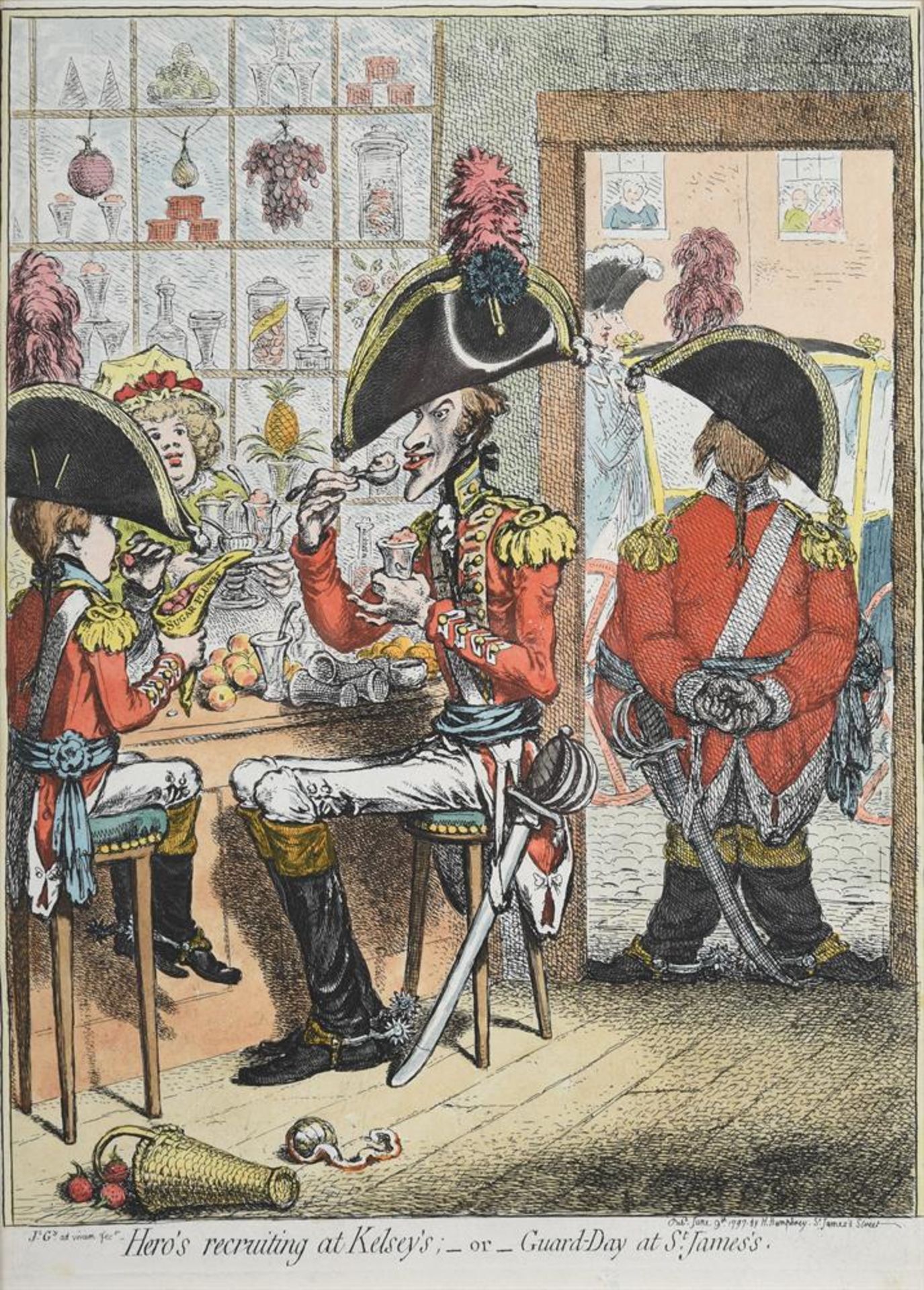 After James Gillray, Hero's Recruiting at Kelsey's or Guard-day at St. James's