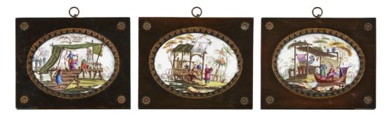 French School (mid-18th century), Three Chinoiserie oval panels (3)