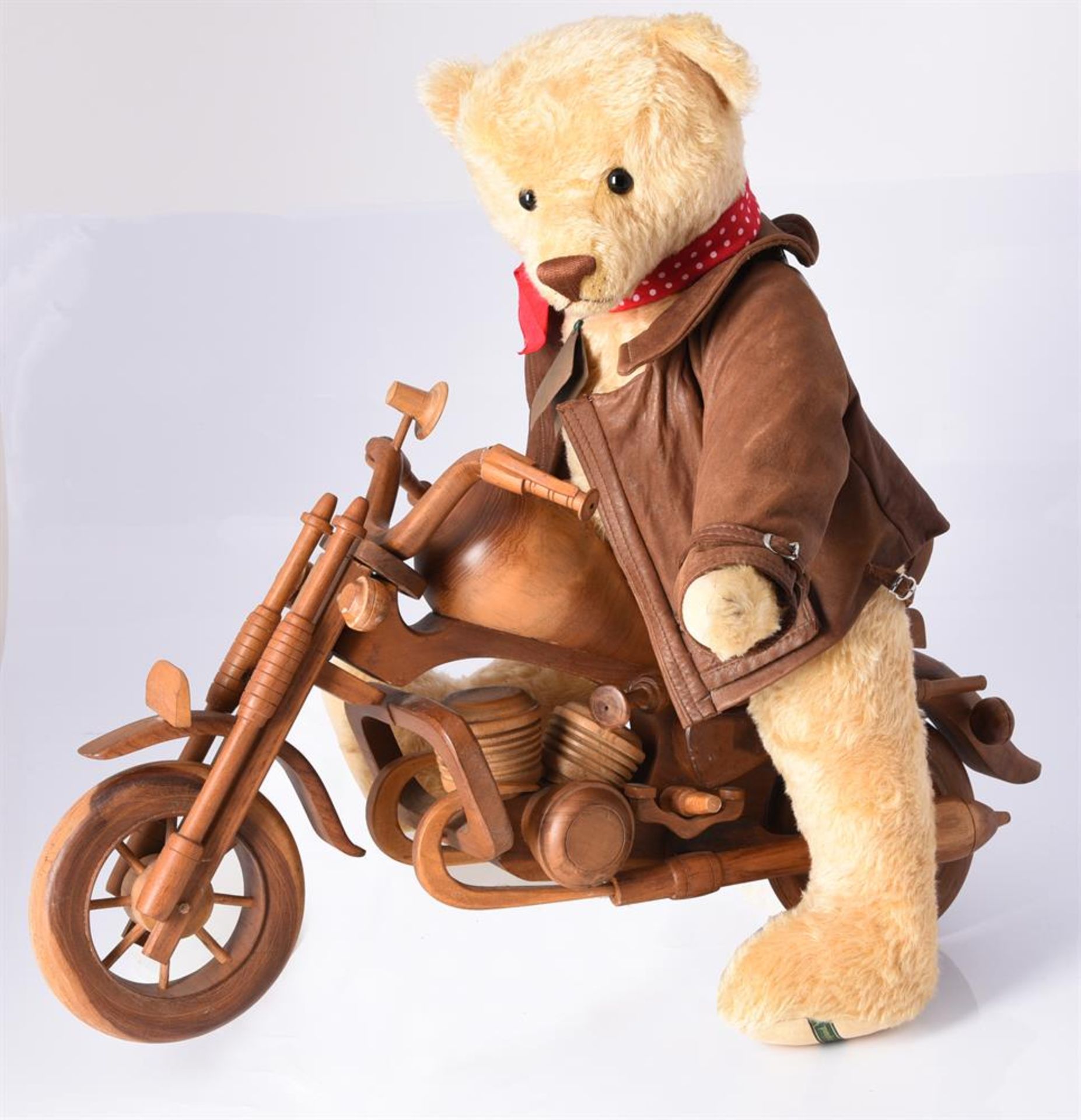 THREAD-BEARS OF ENGLAND, HARLEY, 1/1, WITH WOODEN MOTORCYCLE, BY RACHAEL WINTLE