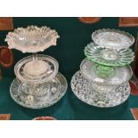 6 assorted pressed glass comports and various cut glass bowls.