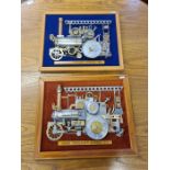 2 framed steam engine collages made with clock and mechanical spare parts, signed by the maker