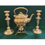 Pair of 10" silver plated candlesticks and Victorian EPBM spirit kettle with wrythen form body.