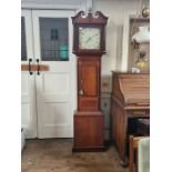 Oak cased 30 hour longcase clock with painted Arabic numeral dial and swan neck pediment.