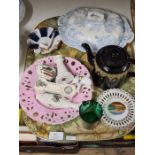 Mixed lot comprising Victorian flow blue lidded dish, continental novelty ashtray, crested wares,