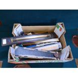 Mixed lot of draughtsman drawing equipment to include rulers, pens, protractors, J. Haldon & Co