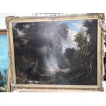Large mid Victorian oil on canvas of a woodland river grotto with small waterfall and perched wading