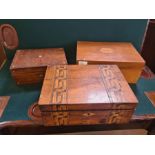 Victorian mahogany wooden work box, marquetry writing slope and rosewood sewing box, all in need