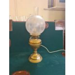 Brass oil lamp with etched decorated shade with later electrical conversion.