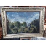 Victorian oil on canvas of a strawberry Gothic mansion house set in woodland, historic repairs, 44cm