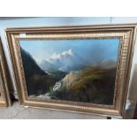 Unsigned gilt framed oil on canvas of a mountain range and waterfall.