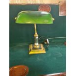 Brass and onyx base desk lamp with green shade.