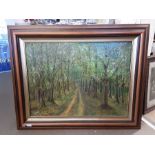 Large modern oil on canvas of a woodland green lane, signed D. Ras. Overall size 104cm x 81cm