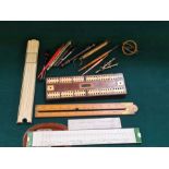 Mixed tray lot to include crib board, slide rules, Salter scales, calligraphy pens, boxwood ruler,