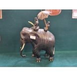 Large carved Indian elephant with 2 riders with bone tusks and toes standing 39cm tall.