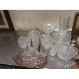 Assorted glassware to include trays, covered bowls, fruit bowls, vases, etc.