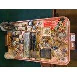 A mixed tray lot to include assorted gentlemens wristwatches, sheath knife, ladies compact,