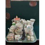 Mixed tray of decorative porcelain to include Worcester pin dishes, Mintons miniature mugs and