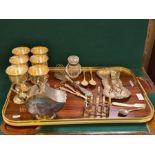 Tray lot of assorted silver plate to include grape scissors, tongs, sugar scoop, brass collar