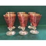 6 Rona of Slovakia cranberry glass goblets with etched decoration.