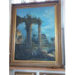 A large gilt framed oil on canvas of a ruined temple, overall with frame 116cm x 147cm.