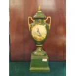 Early 20th century glazed pottery urn on stand with print pattern pigeon portrait, gilt