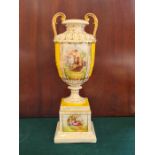 Late Victorian continental urn on stand with classical painted panels and gilt decoration.