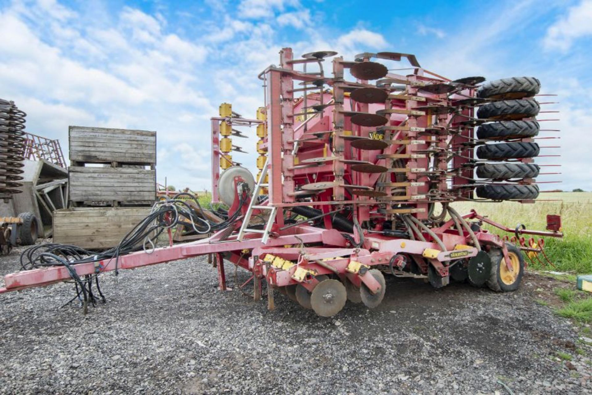 Vaderstaad 6m “F” drill with new coulter discs and following tines on cleated tyres.