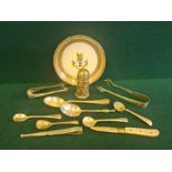 Mixed silver to include sugar nips, condiment spoons, tweezers, T.H. Hazelwood pepper pot with