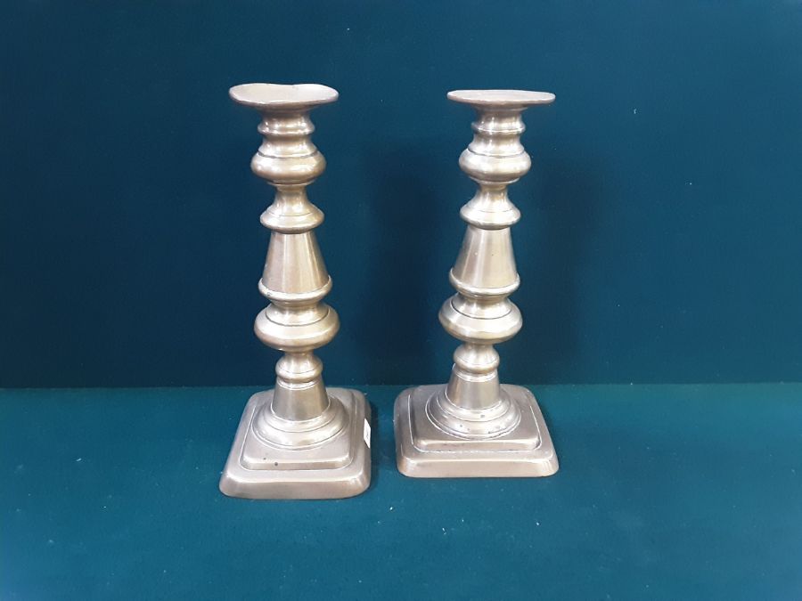 A pair of Victorian brass candlesticks standing 10" tall. - Image 2 of 3