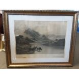 David Hicks "The Dawn of the Day" gilt framed print highland cattle at water, 21" x 16".