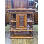 Continental figured walnut side cabinet with burr and quarter cut walnut veneers, 2 upper tier brass