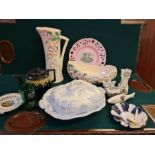 Mixed lot comprising Victorian flow blue lidded dish, continental novelty ashtray, crested wares,